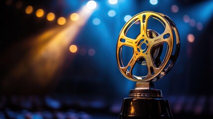 Golden film reel award on stage.