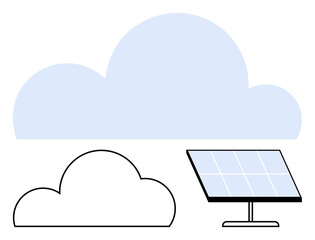 Solar panel generating energy with cloud elements. Ideal for sustainability, renewable energy, climate change, eco-friendly technology, green power, clean energy education, and weather forecasting