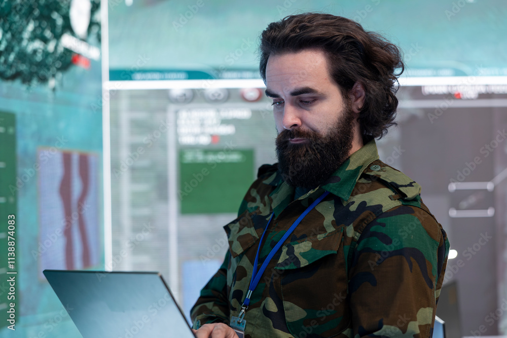 Aufkleber technical engineer gathers intelligence from world map projection, connected to satellite reconnaiss