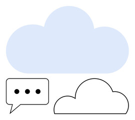 Large blue cloud, outline cloud, and chat bubble with dots indicating communication. Ideal for web design, technology, communication, data storage, cloud computing messaging and social media. Line