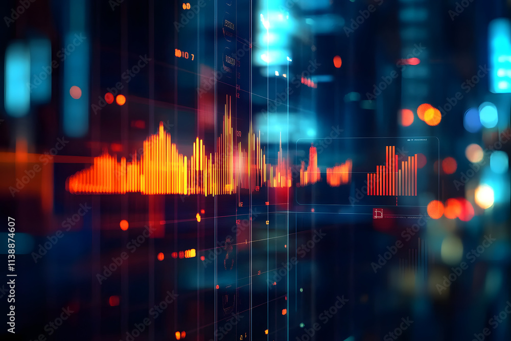 Poster dark-themed futuristic financial data analysis image with glowing line graphs and charts, blurred ba