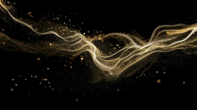 Golden particles flow and form abstract shapes against a black background. This animated backdrop suits projects focused on luxury, technology, or artistic themes