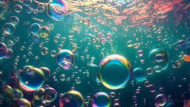 Sunlight illuminating iridescent soap bubbles rising through clear blue ocean water creates a mesmerizing scene above a vibrant coral reef, showcasing the beauty of marine life