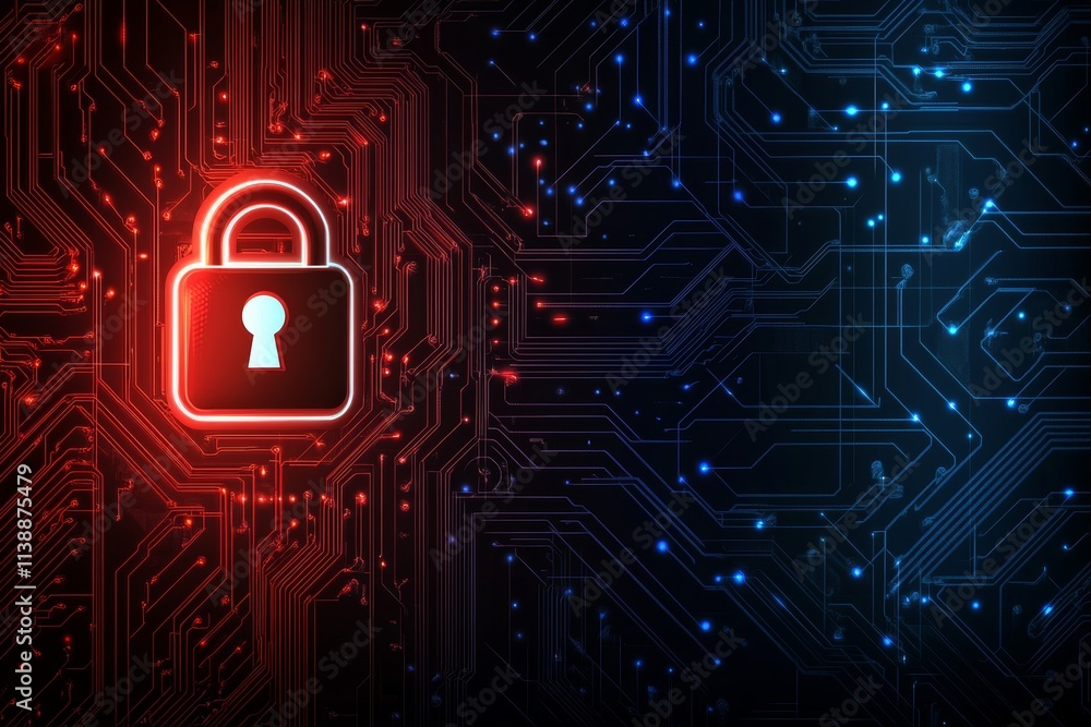 Poster futuristic illustration of a glowing padlock over circuit patterns representing data security online
