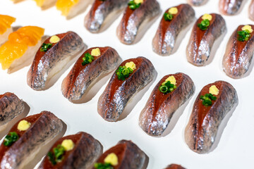 Healthy diet food theme sushi and rolls (Japanese cuisine) source of vitamins