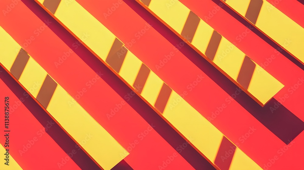 Poster abstract composition of yellow and red geometric shapes casting shadows.