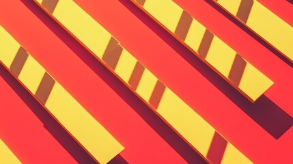 Abstract composition of yellow and red geometric shapes casting shadows.