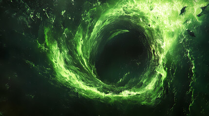 A swirling green vortex with glowing particles in a deep space nebula. Vortex. Illustration