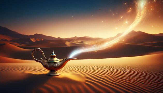 Magic Lamp In The Desert - Lamp of Wishes In The Desert - Genie Coming Out Of The Bottle
