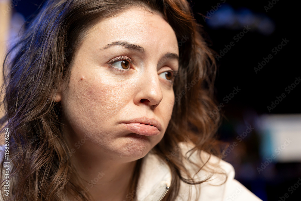 Poster computer scientist pouting while doing software quality assurance, finding major errors in source co