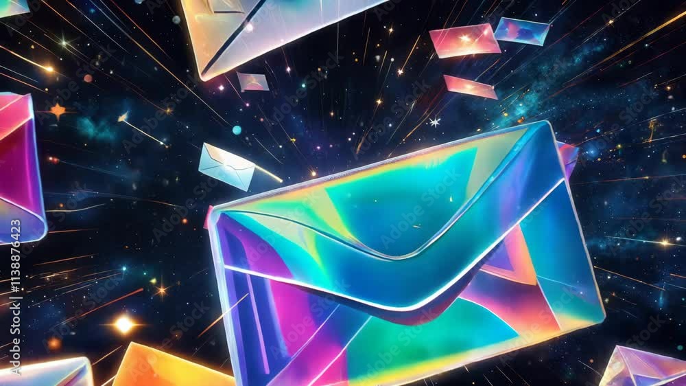 Poster holographic envelopes are floating through space with sparkling lights in the background. this color