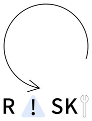 Circular arrow points down to the word RISK with an exclamation mark inside a triangle and a wrench replacing the I. Ideal for business strategy, risk management, cautionary warnings, mechanical
