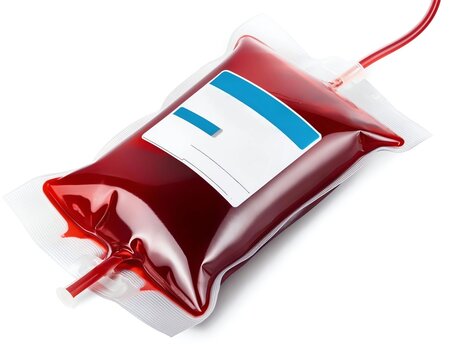 Fresh blood or packed red cells in a transfusion bag, isolated on white background. Blood for donation or therapy. Bag of blood with label and blood gropu details.