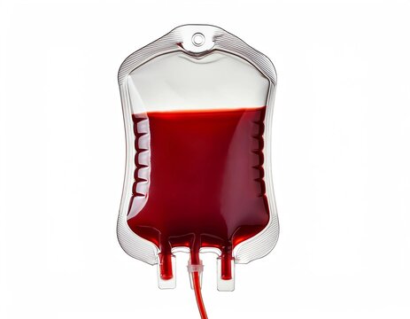 Fresh blood or packed red cells in a transfusion bag, isolated on white background. Blood for donation or therapy. Bag of blood with label and blood gropu details.