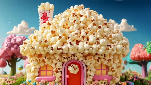 Charming popcorn house sits in a magical candy world filled with lollipops and vibrant trees. The scene radiates sweetness and whimsy, inviting joyful imagination and delight
