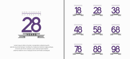 anniversary logo set. vector design with purple color and gray ribbon can be use for celebration