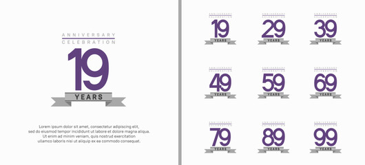 anniversary logo set. vector design with purple color and gray ribbon can be use for celebration