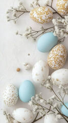 Obraz premium Colorful Easter eggs are creatively arranged with soft white flowers, celebrating the beauty of spring