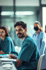Fototapeta premium Dentists, doctors, and nurses engage in discussions about dental care services, technology, and online consultations in a modern setting