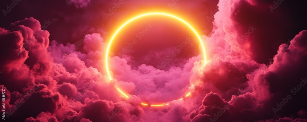 Aufkleber cloud formation illuminated with pink and yellow fluorescent light. dark environment with circle sha