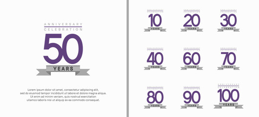 anniversary logo set. vector design with purple color and gray ribbon can be use for celebration