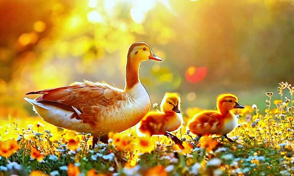 Adorable duck with ducklings in sunlight, vibrant nature scene, warm golden glow, duck wildlife  , cute waterfowl family, peaceful outdoor environment, natural beauty, mother duck 