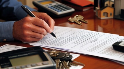 Close-up of hands signing real estate documents.