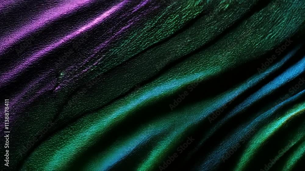 Poster metallic liquid creates abstract wavy shapes, showcasing an iridescent surface that shifts through a