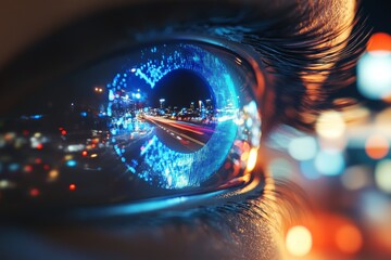 Close up of driver s eye reflecting holographic road signs   futuristic driving experience unveiled