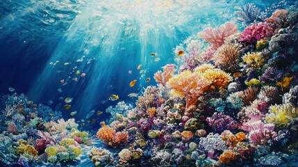 Naklejka premium Vibrant underwater scene showcasing colorful corals and diverse marine life.