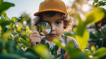 Outdoor Nature Exploration &ndash; Kids exploring the outdoors with magnifying glasses, observing plants, insects, or rocks, learning about biology and earth sciences in nature