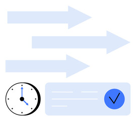 Clock displaying 300 next to three blue arrows pointing right, followed by a rectangular text box with lines and a check mark. Ideal for time management, workflow, scheduling, deadlines, planning