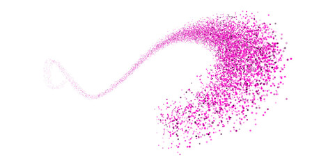 Vector image with a wave of bright pink bokeh particles on a transparent background. The dynamic effect of scattering glowing dots creates a sense of movement and magic, perfect for holiday designs.