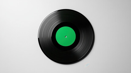 A futuristic vinyl record with glowing neon green grooves and a dark graphite center label, high-gloss surface and subtle groove details, isolated against a pure white background, precise and sharp cu