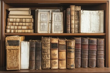 Antique books, leather-bound, wooden shelf.
