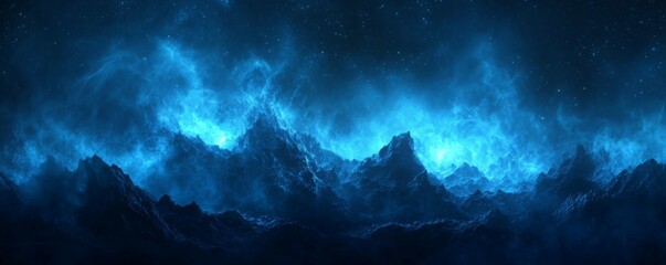 Blue Aurora Borealis over Rugged Landscape. Majestic Northern Lights Background with copy-space.