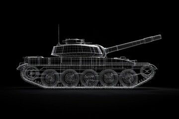 Minimalist wireframe design of a classic tank with mechanical details on black background