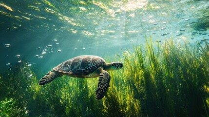 Obraz premium A serene underwater scene featuring a turtle swimming among lush green sea grass.