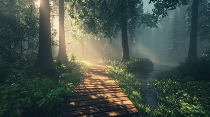 Obraz premium A serene forest path illuminated by sunlight, inviting exploration and tranquility.