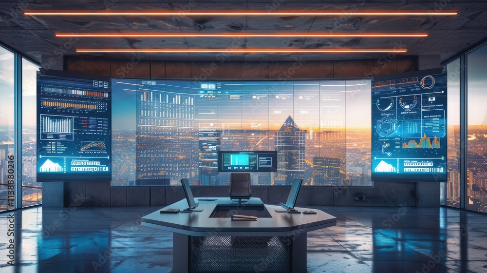 Poster futuristic control room with large screens displaying city skyline and data.