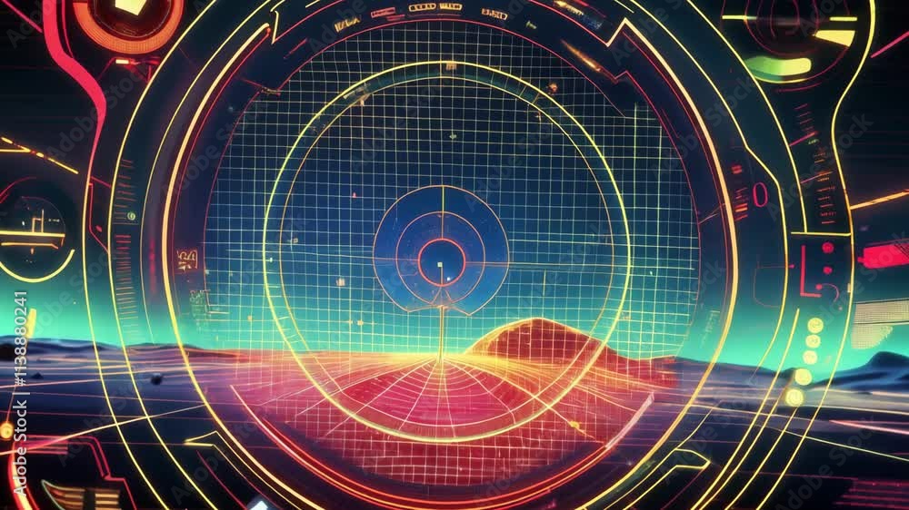 Poster futuristic radar display features glowing lines and numbers while scanning the surface of an alien p