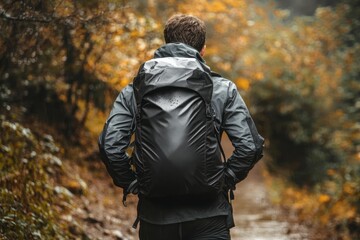 Fototapeta premium Person hiking, autumn woods, rain-soaked pack.