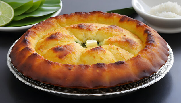 Bibinka served fresh with butter on top, accompanied by rice and lime
