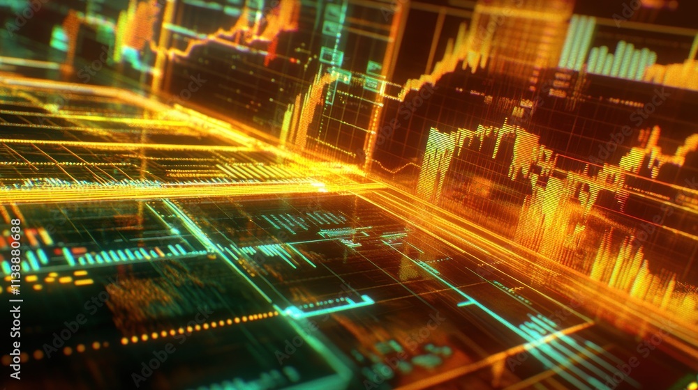 Poster abstract digital visualization of data trends and analytics in vibrant colors.