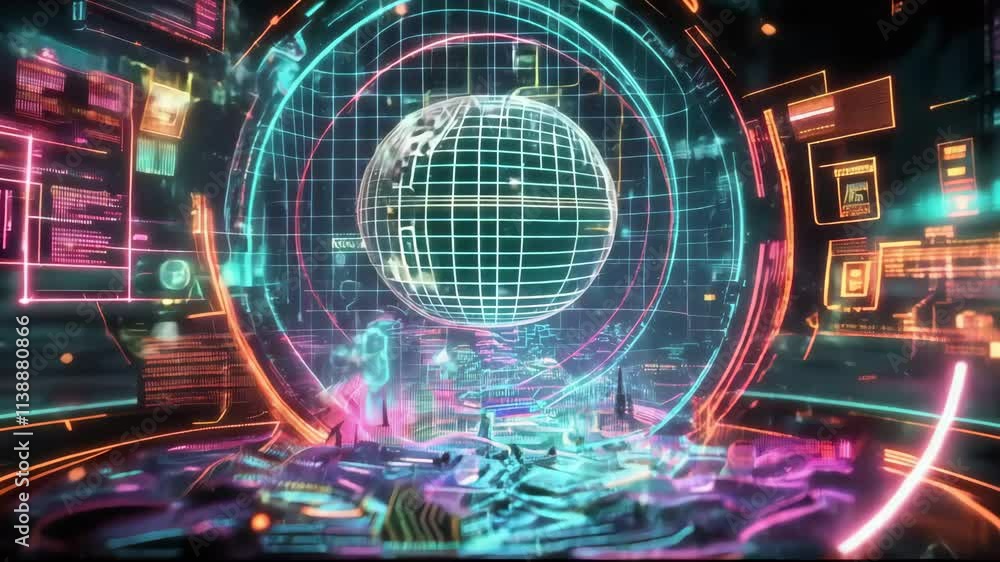 Poster hologram globe rotates within a futuristic hud control panel, showcasing dynamic data processing and