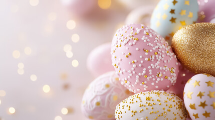 Obraz premium Festively decorated Easter eggs in pastel hues shine brightly among twinkling lights, evoking a joyful holiday spirit