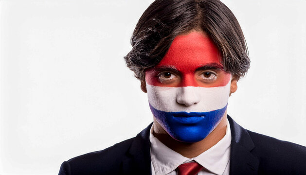 A cheerleader with his face painted in Dutch colours
