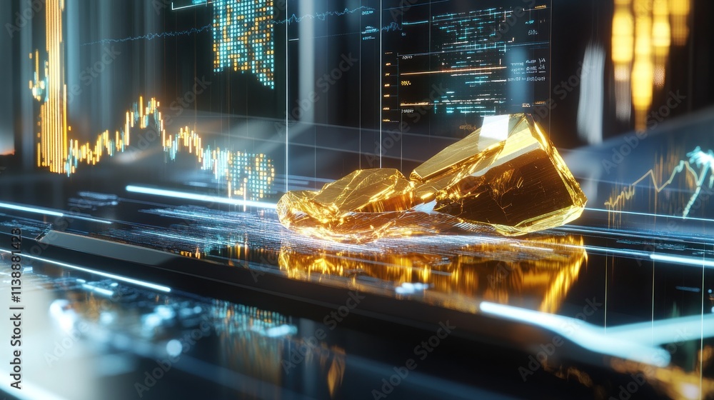 Poster a digital representation of gold bars on a futuristic display with financial graphs.