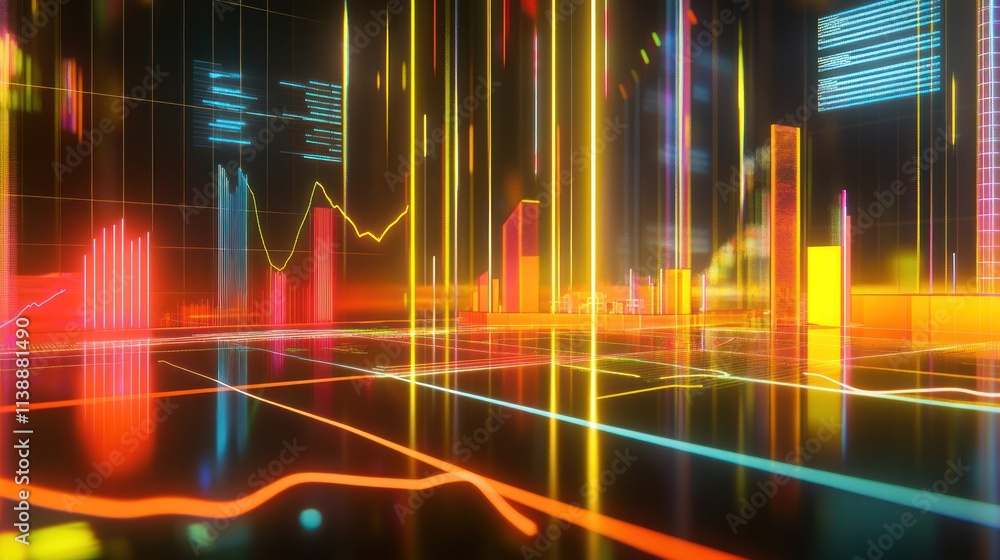 Poster a vibrant digital landscape depicting data visualizations and analytics.