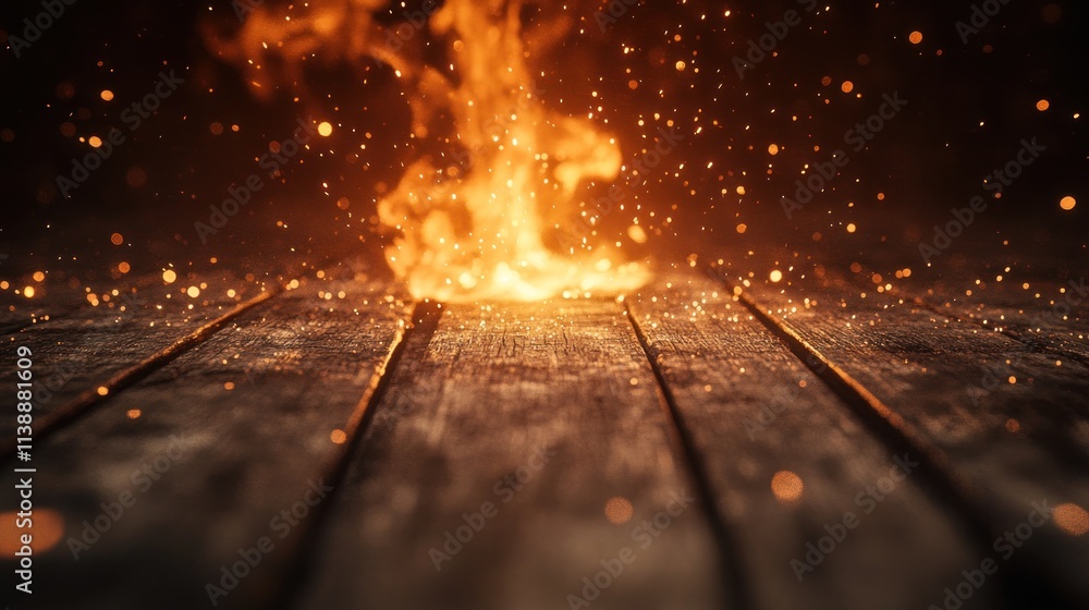 Poster a glowing flame with sparks on a wooden surface, creating a warm and dynamic atmosphere.